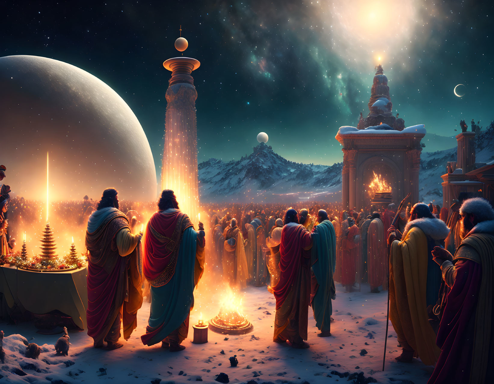 Robed Figures Around Fire with Celestial Sky