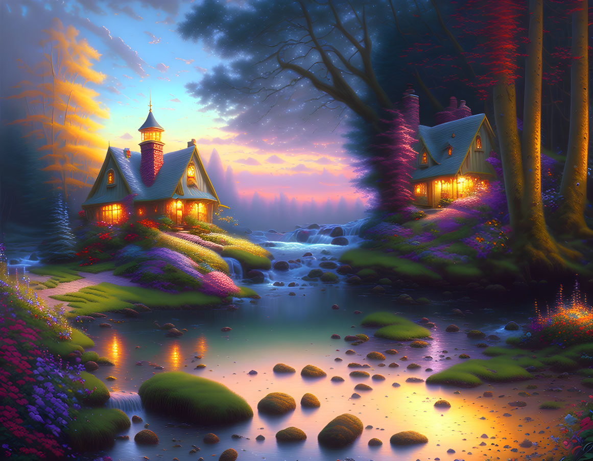 Twilight scene: Cozy cottages, stream, lush flora & colorful sky