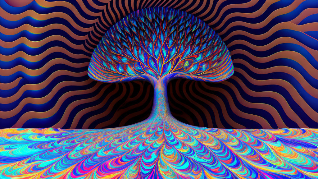 Colorful fractal art: Tree with peacock feather patterns on psychedelic background