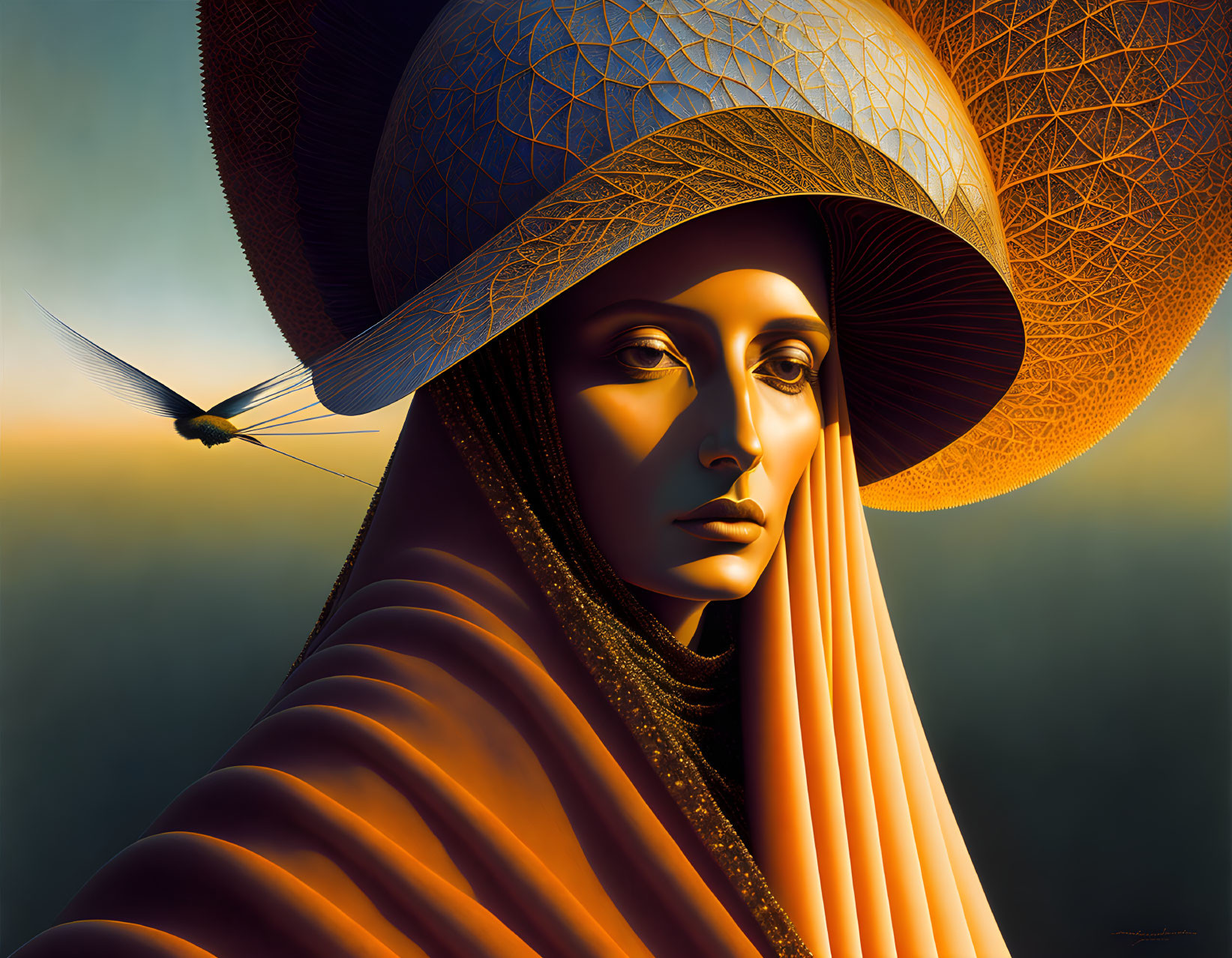 Golden-skinned woman in orange robes with structured hat and dragonfly.