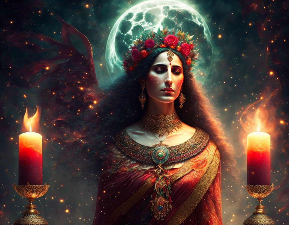 Ethereal woman with floral crown and jewelry under full moon.