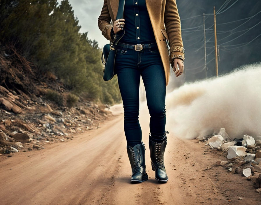 Person in Black Boots and Yellow Cardigan on Dusty Road