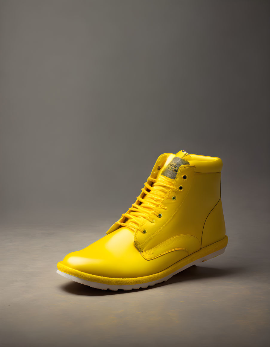 Vibrant yellow high-top sneaker on gray gradient backdrop