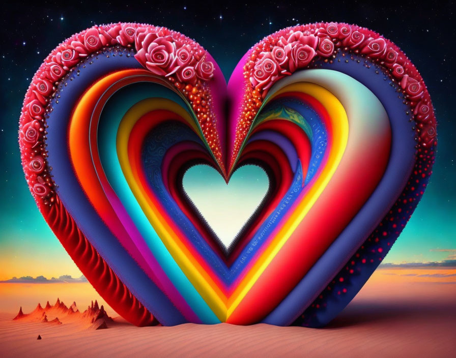 Colorful heart shapes against twilight sky with dunes