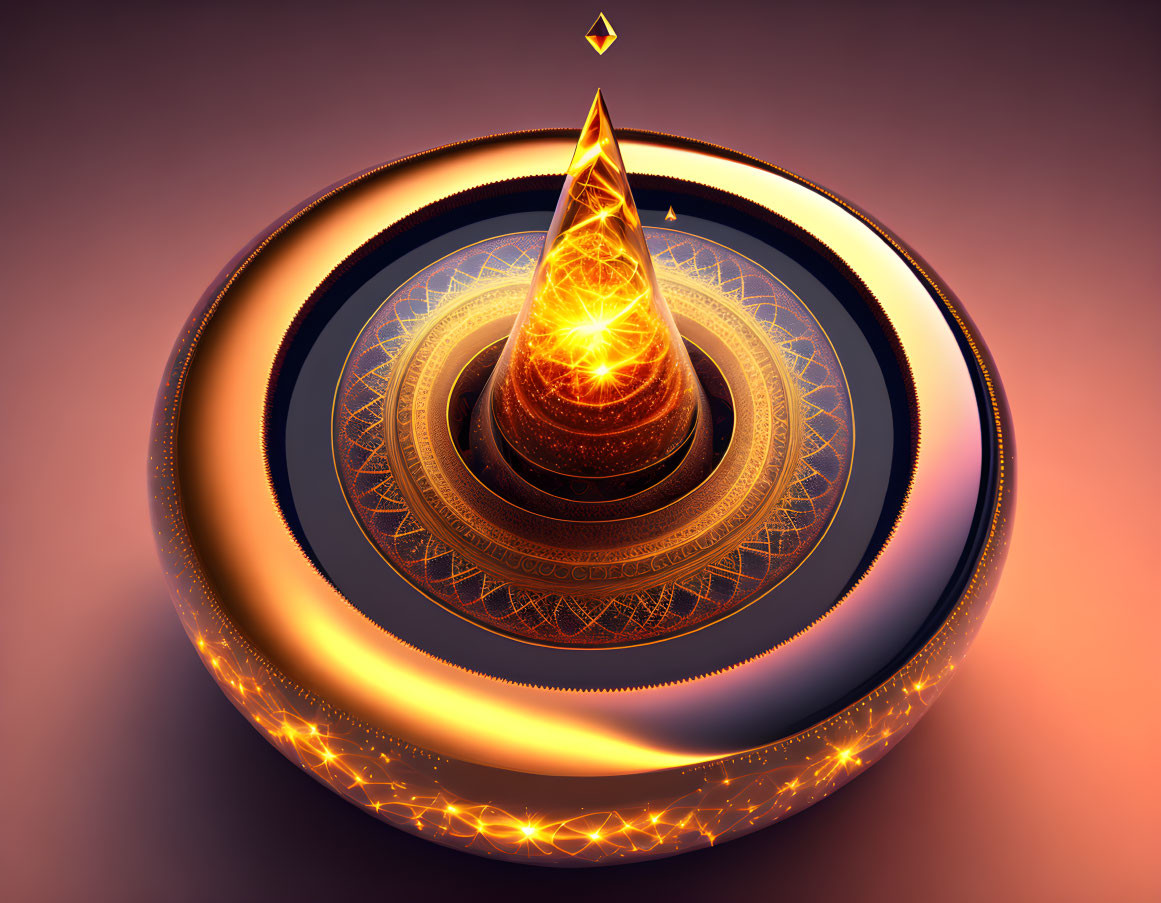 Golden glowing geometric structure with fiery pyramid and ornate rings in 3D.