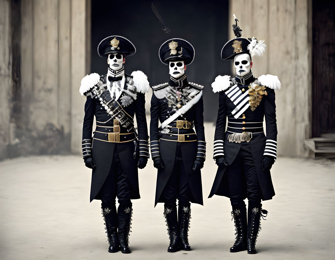 Three people in elaborate military attire and skull face paint posing dramatically