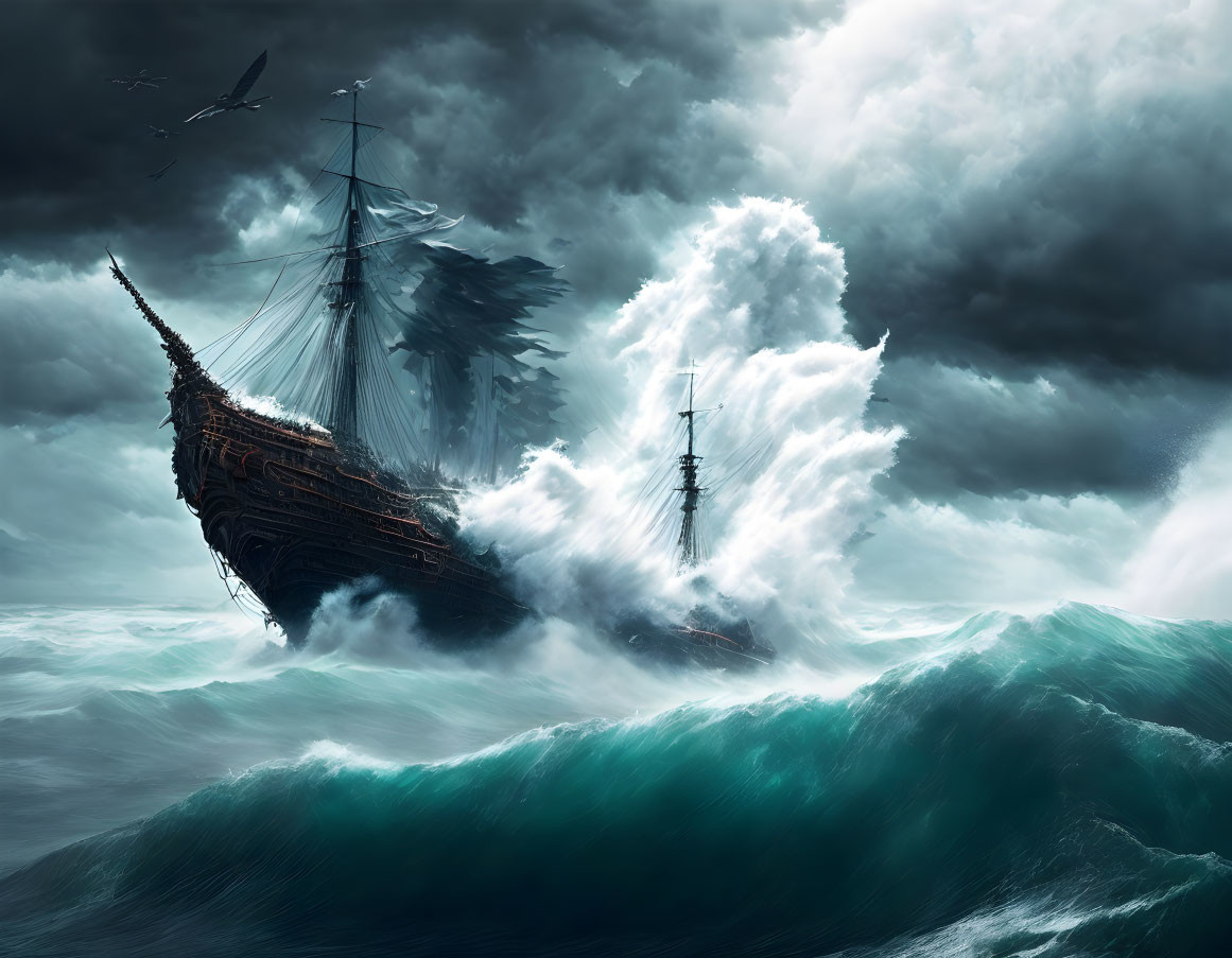 Ship engulfed by massive wave in stormy sea with dark clouds and birds.