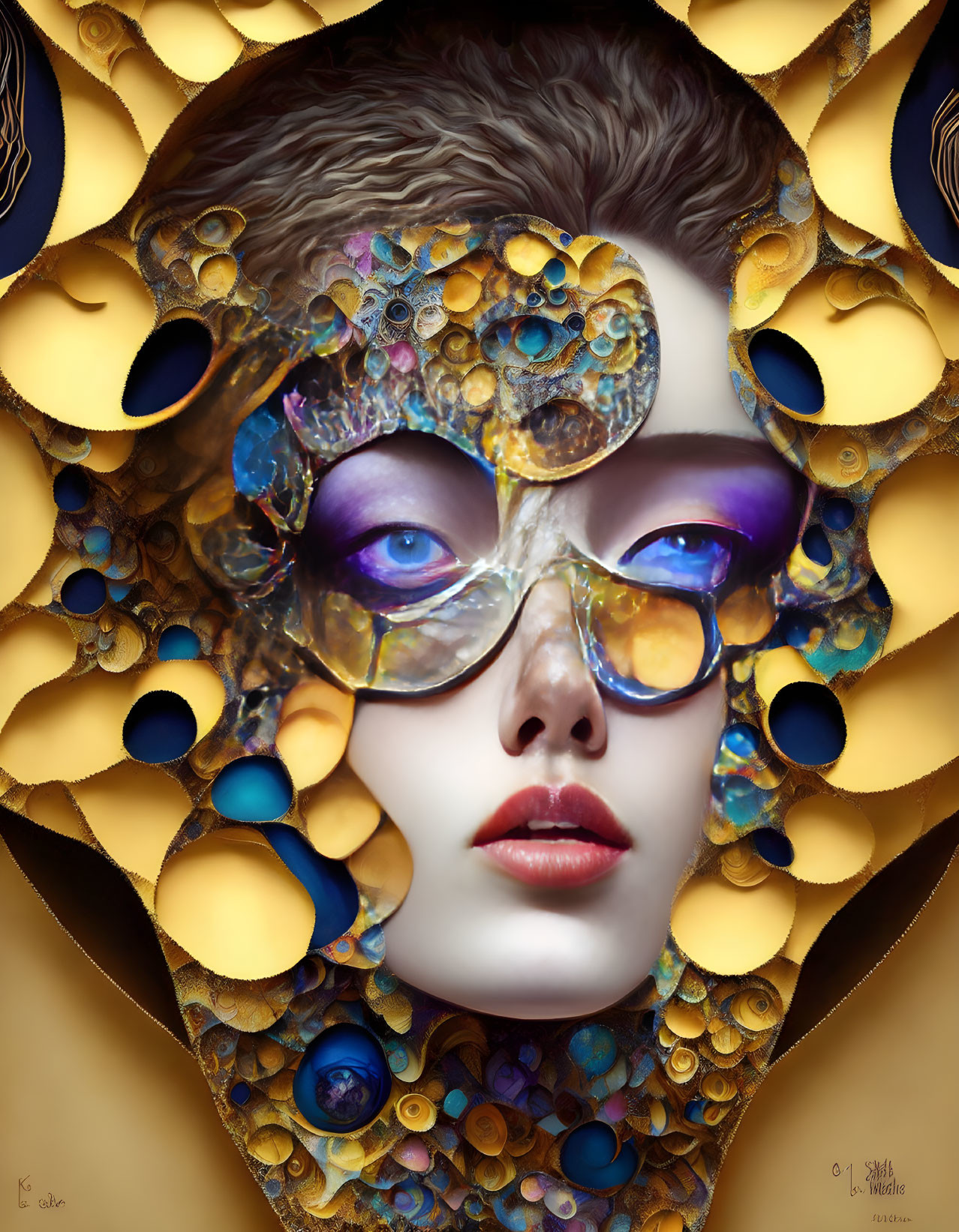 Surreal portrait of a person with golden mask overlay and vivid blue eyes