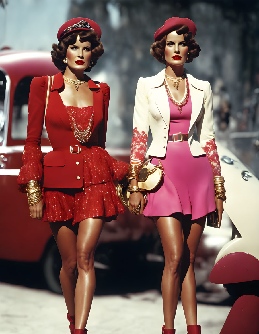 Two women in vintage style outfits with red accents and hats posing near classic cars.