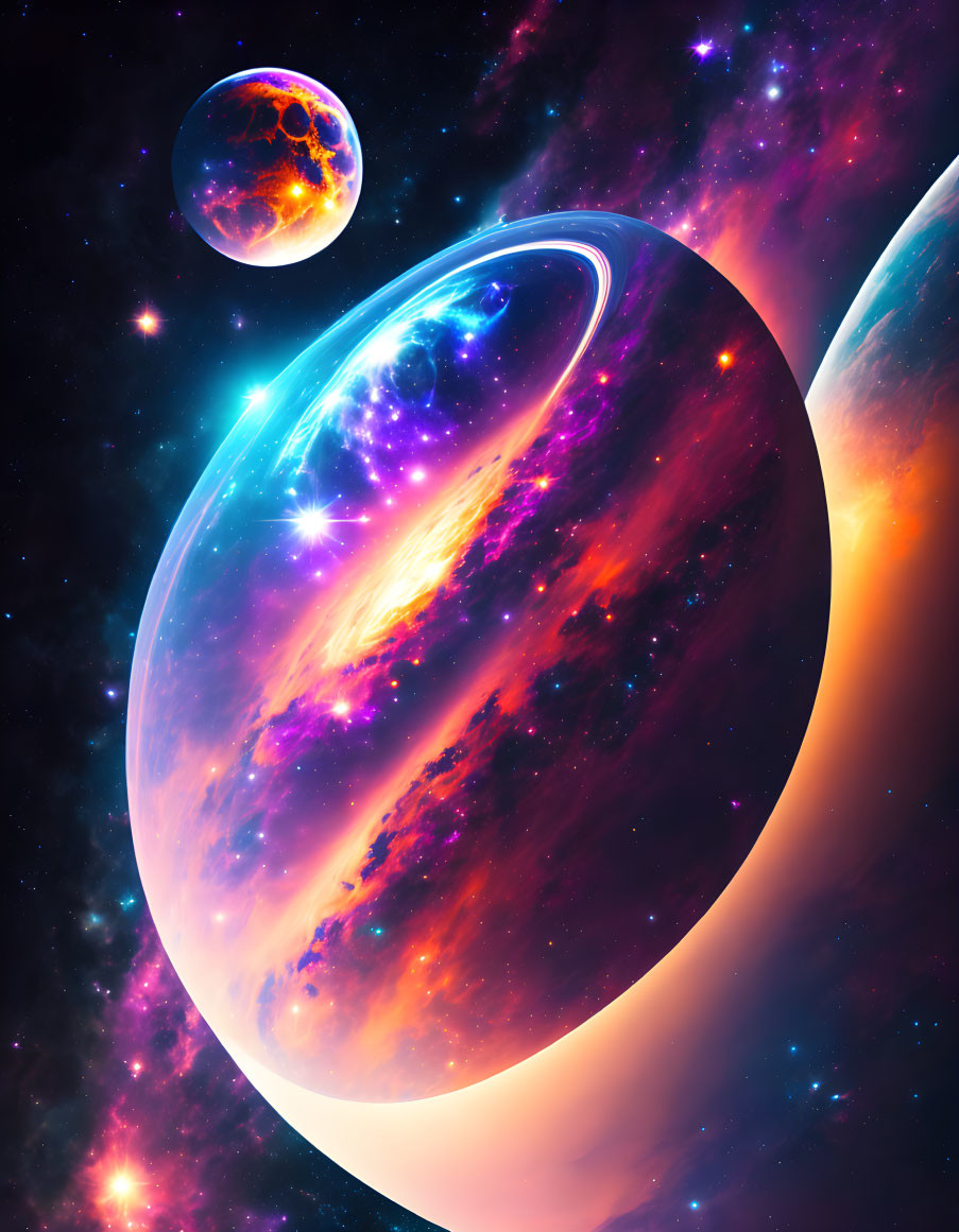 Vibrant cosmic scene: Ringed planet, fiery colors, two moons, stars, nebula