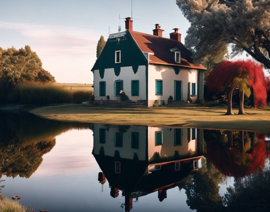 White House with Green Trim and Red Roof Reflected in Autumn Pond