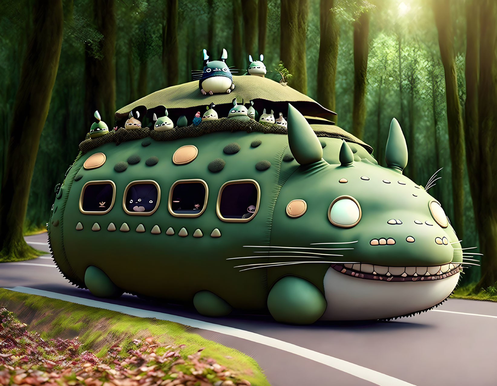 Green Cat-Shaped Bus Surrounded by Forest and Creature Figures