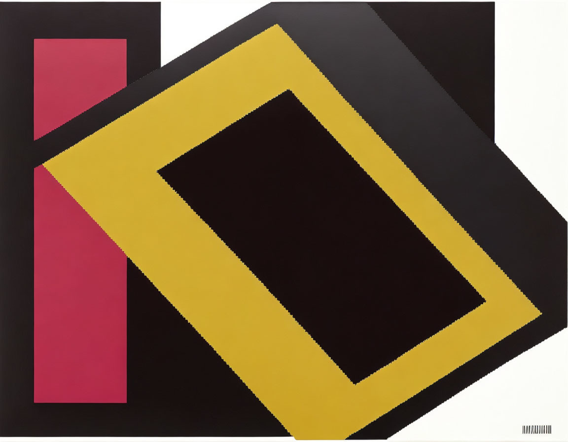 Geometric abstract art with black rectangle, yellow border, red squares on white background