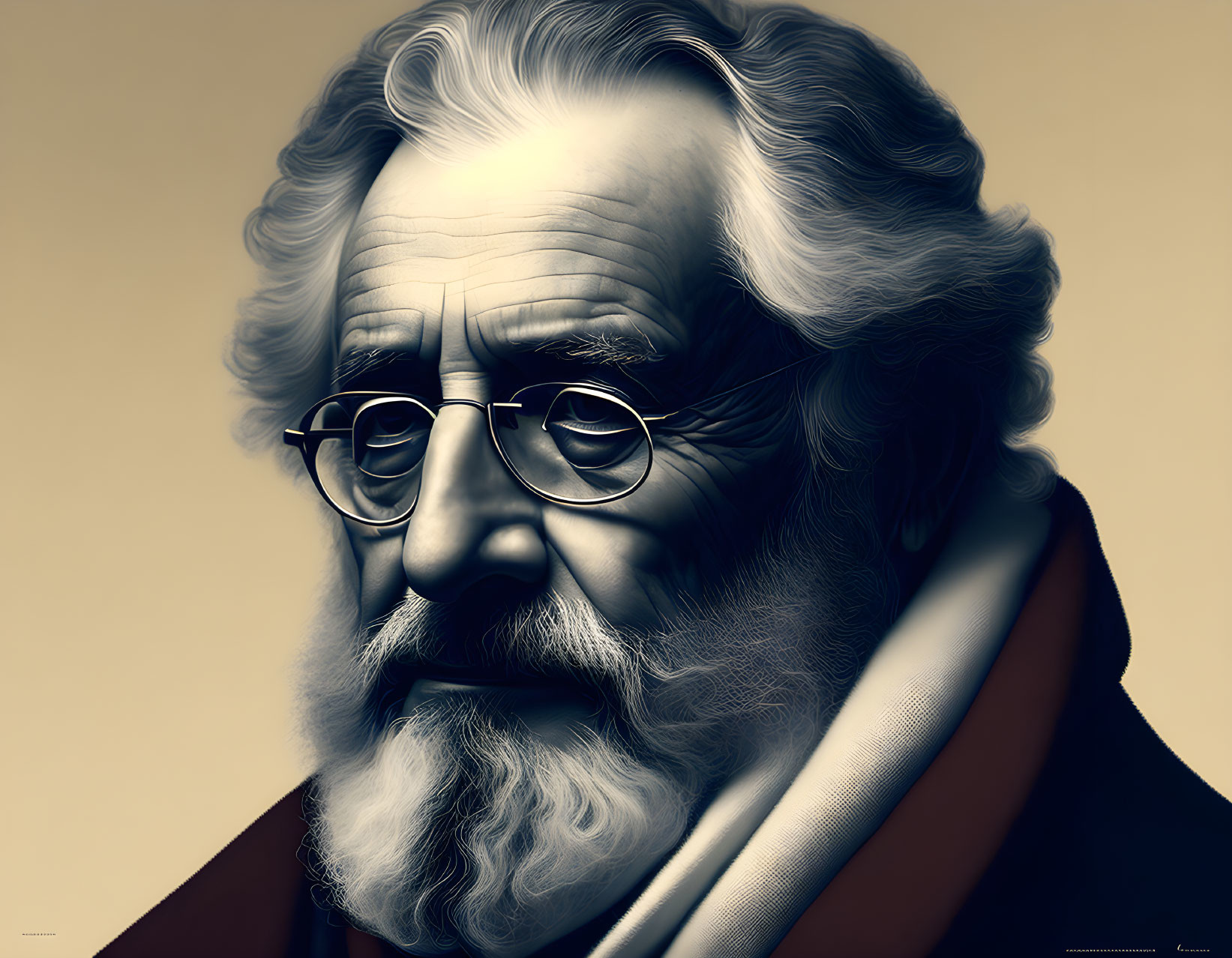 Elderly man with white hair, beard, glasses, scarf, and jacket on cream background