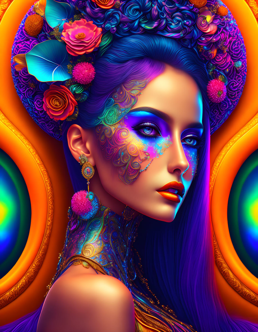 Colorful digital artwork: Woman adorned with floral and peacock feather motifs on orange backdrop