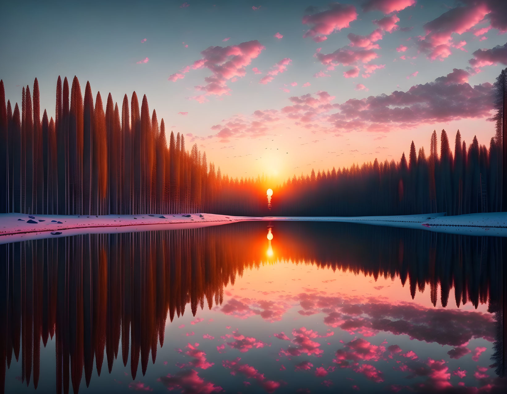 Tranquil sunset scene with pink clouds, lake reflection, and pine tree silhouettes