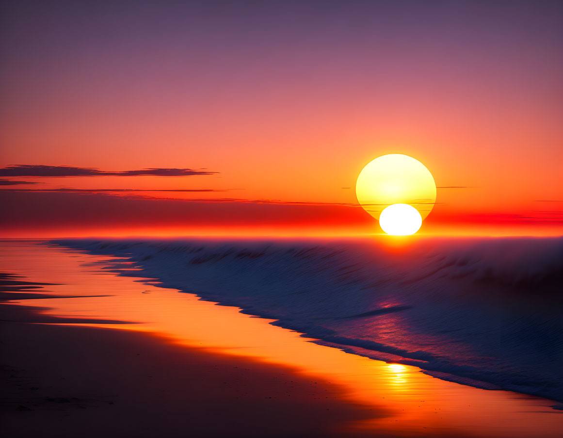 Bright Sunrise Over Beach with Large Sun and Warm Glow