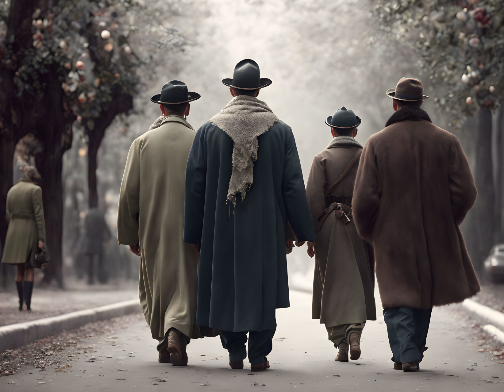 Four people in vintage attire walking on tree-lined path with fallen leaves.