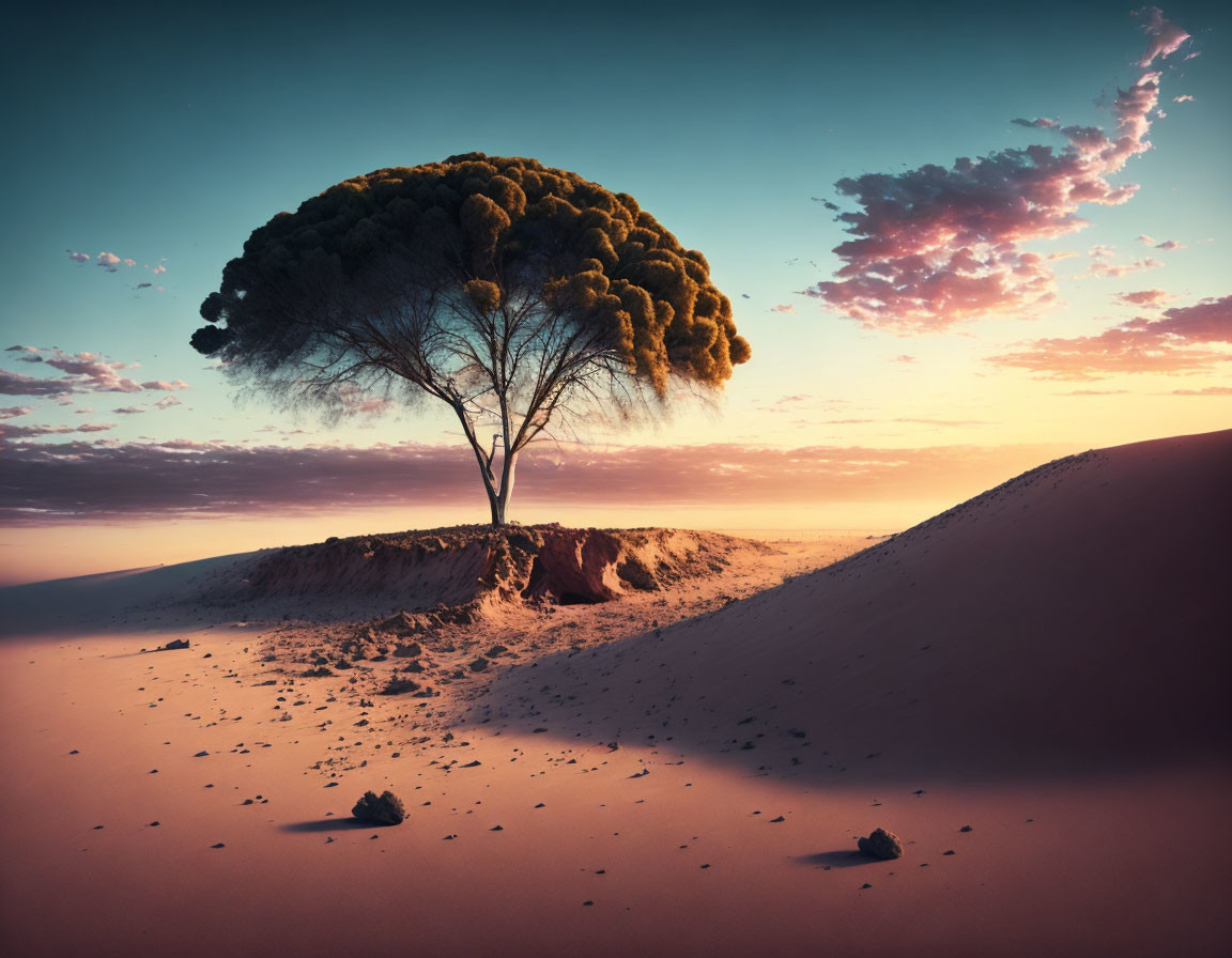 Lone tree on sand dune at twilight with lush foliage