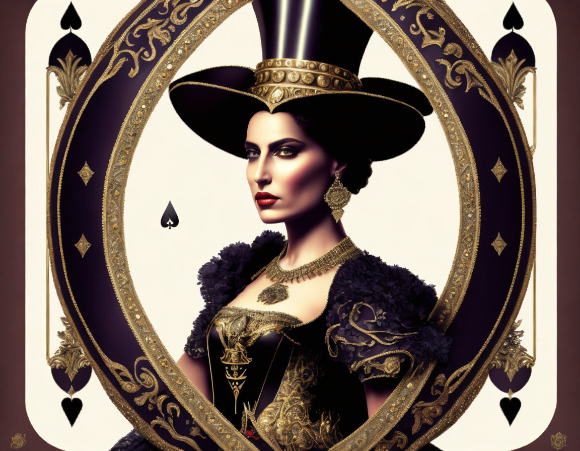 Stylized queen playing card with elegant woman in top hat and spade symbols