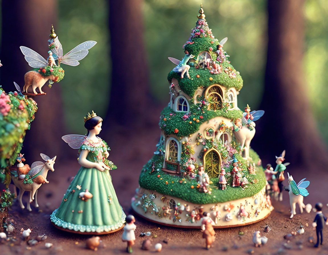 Miniature fairy tale tower scene with tiny figures, animals, and fairies