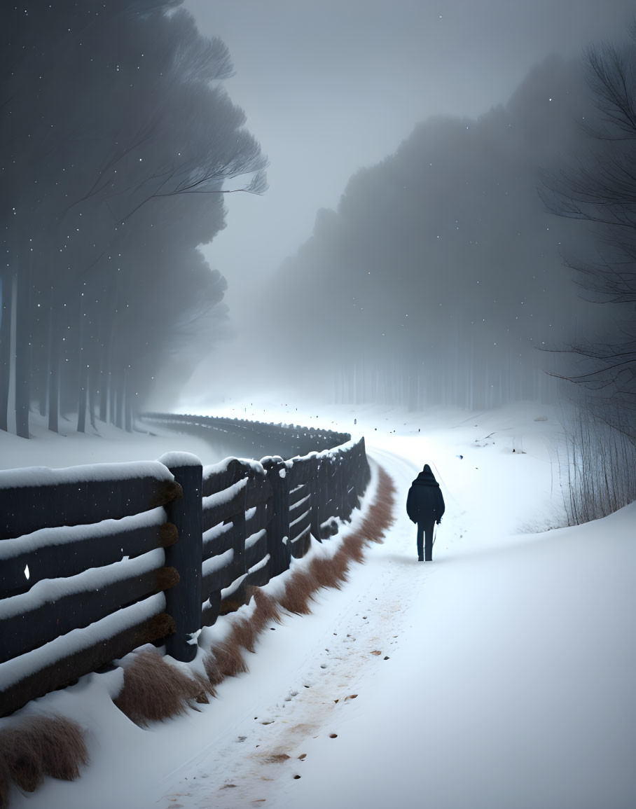 Snow-covered path with solitary figure and twilight sky