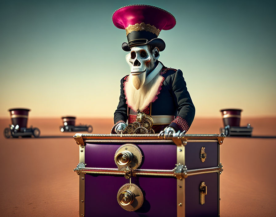 Skeleton in Circus Ringmaster Outfit with Purple Top Hat and Box