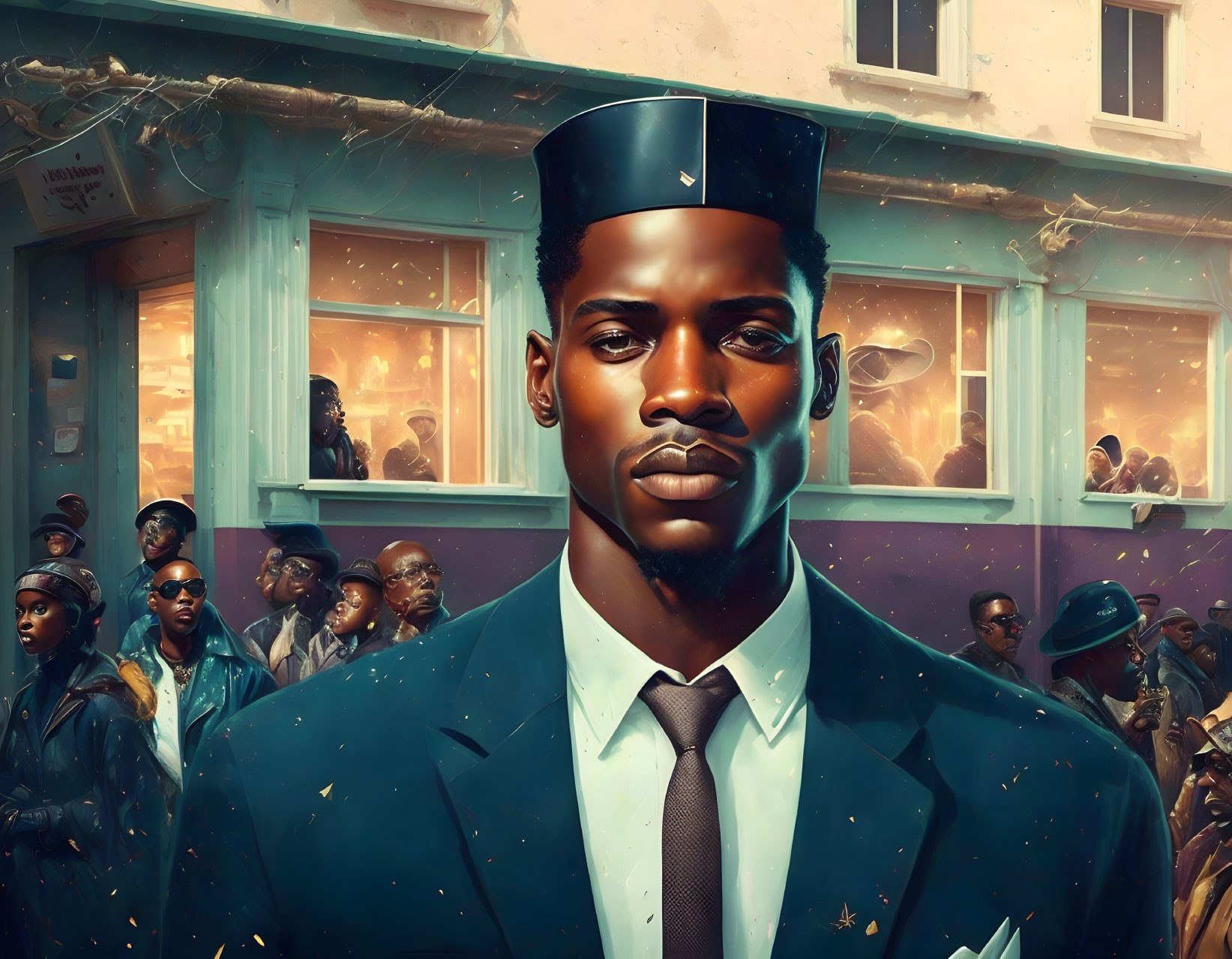 Stylized illustration of man in suit with crowd in urban setting