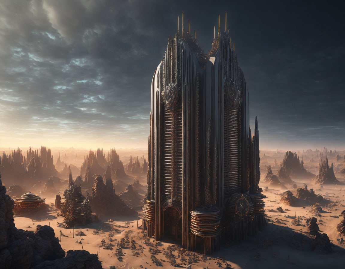 Futuristic palace with spire-like towers in desolate landscape at dawn or dusk