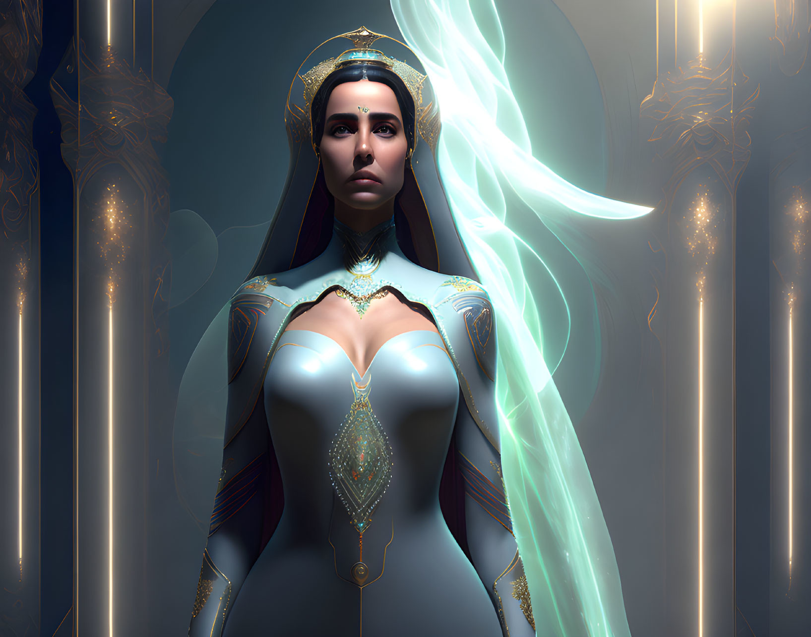 Regal woman in ornate armor with glowing blue sash among illuminated pillars