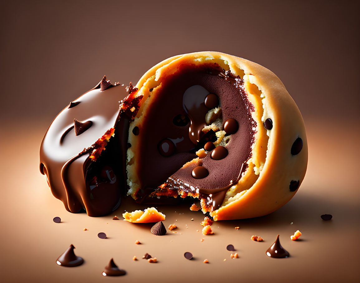 Half-eaten chocolate cookie with melting chips and syrup on brown background