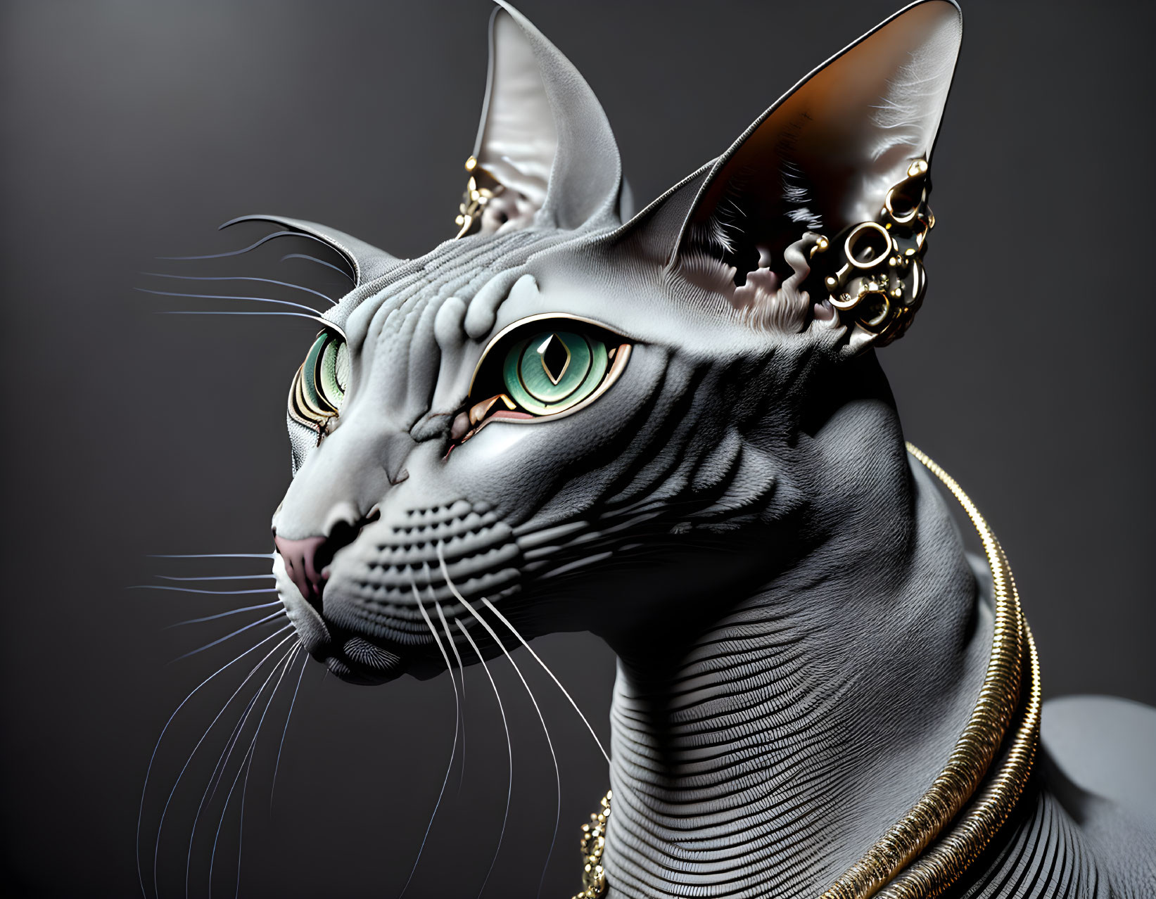 Digital artwork: Sphynx cat with golden jewelry on grey background