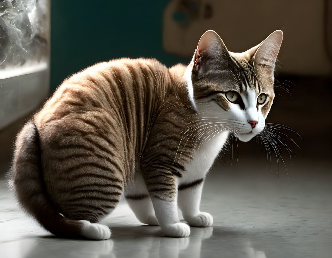 Striped domestic cat standing on shiny floor with dramatic shadow.