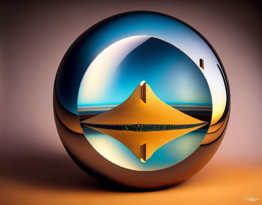 Surreal image: Reflective sphere, inverted desert landscape, central pyramid, warm-colored backdrop