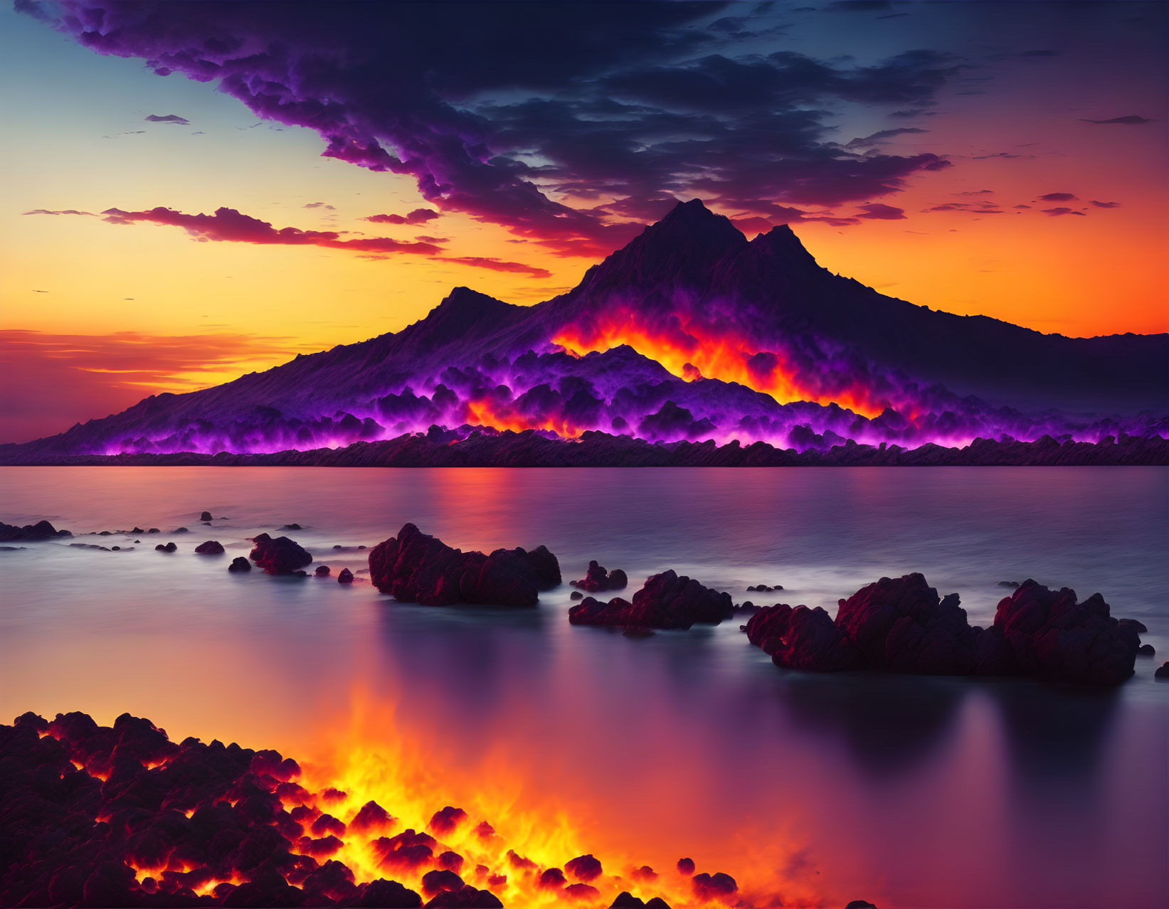 Scenic purple sunset over sea mountain with orange reflections