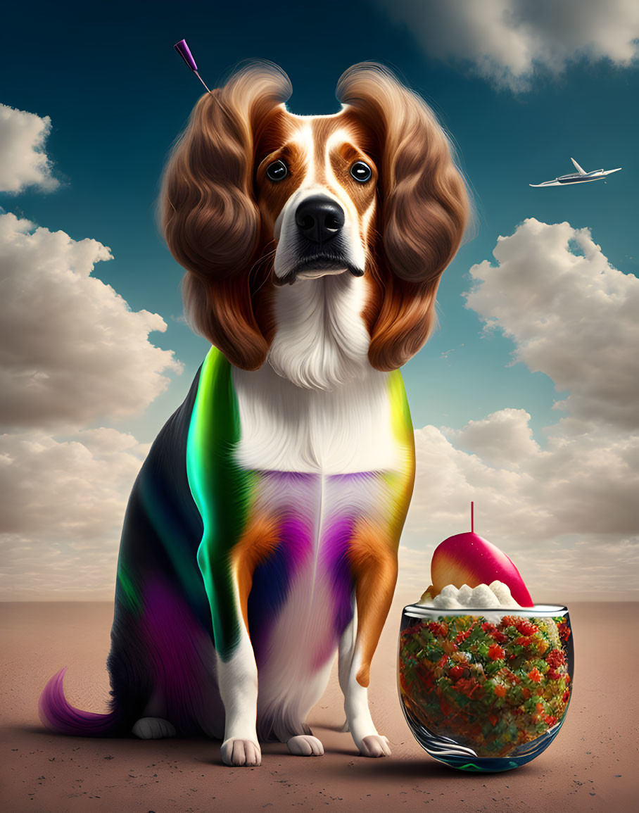 Whimsical dog illustration with human-like features and salad in surreal desert scene