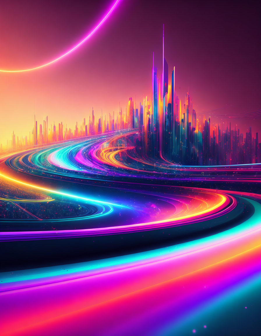 Colorful neon-lit cityscape with glowing roadways and towering skyscrapers under a luminous