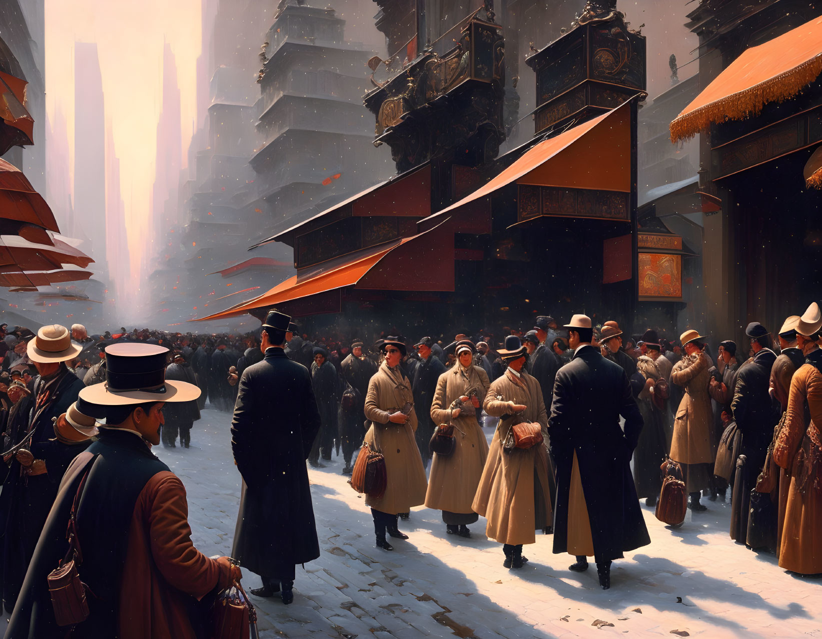 Vintage clothing street scene in snowfall with tall buildings and warm-toned awnings