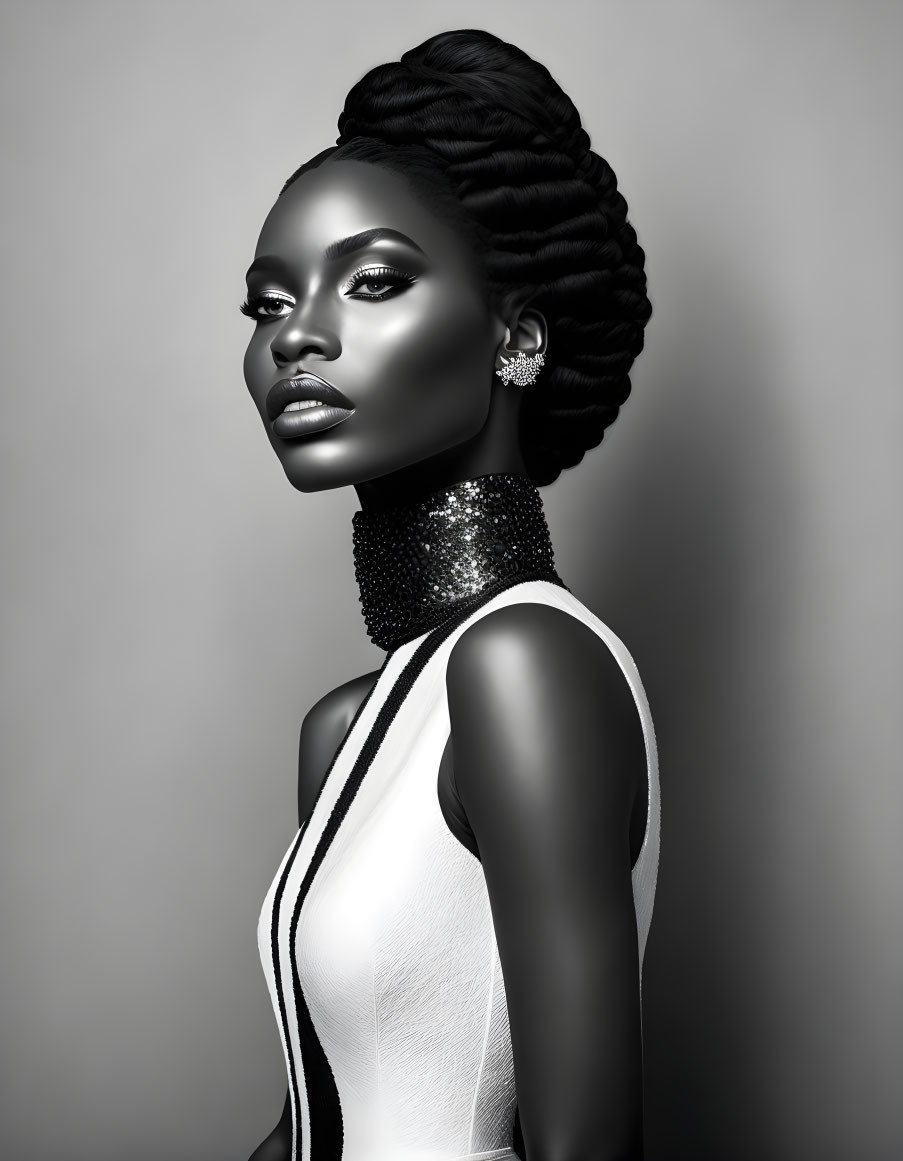 Monochrome portrait of sophisticated woman with braided hair and elegant attire