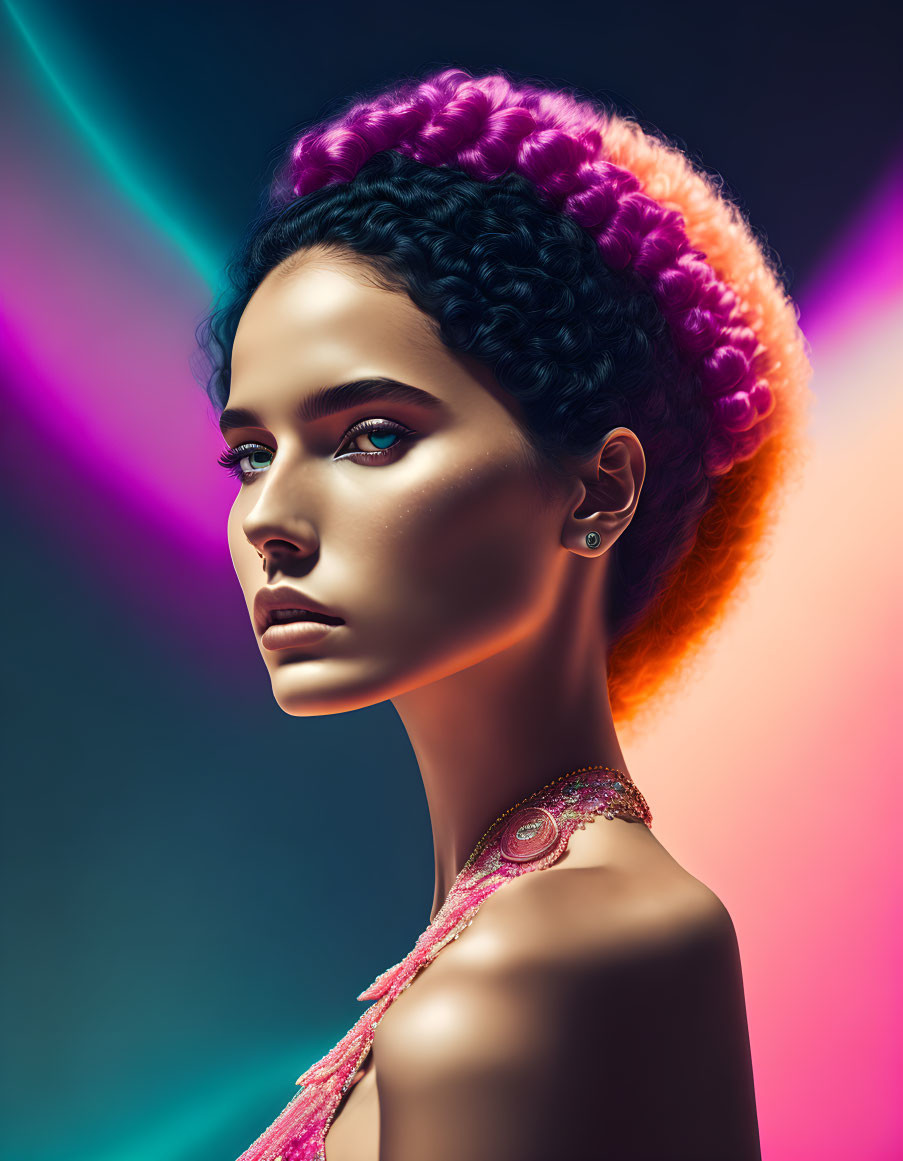 Woman with Pink Braid and Dramatic Makeup under Neon Lighting