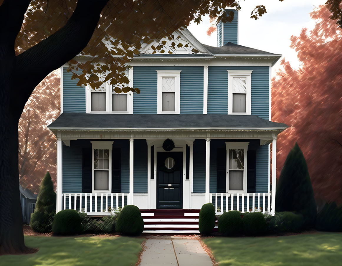 Blue Two-Story House with White Trim and Front Porch Surrounded by Autumn Trees