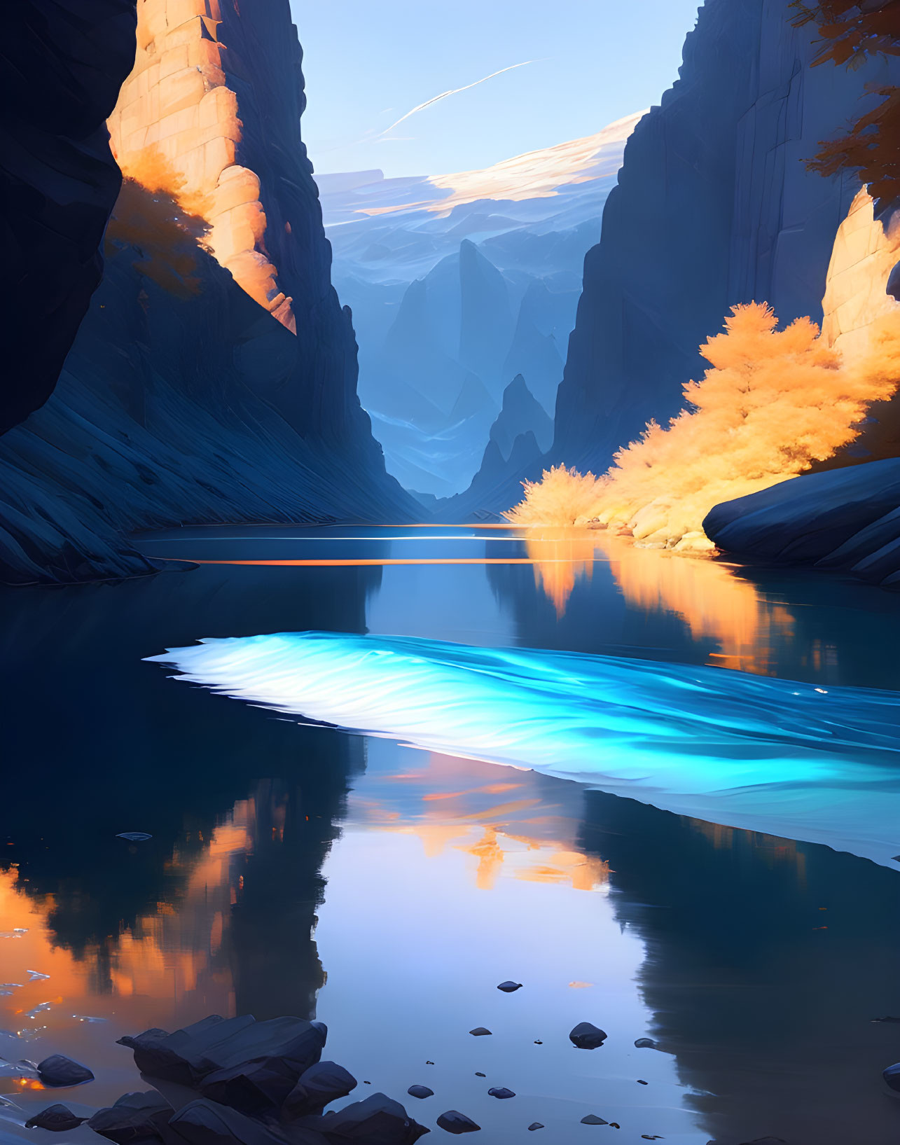 Tranquil canyon with autumn foliage, blue waters, and towering cliffs