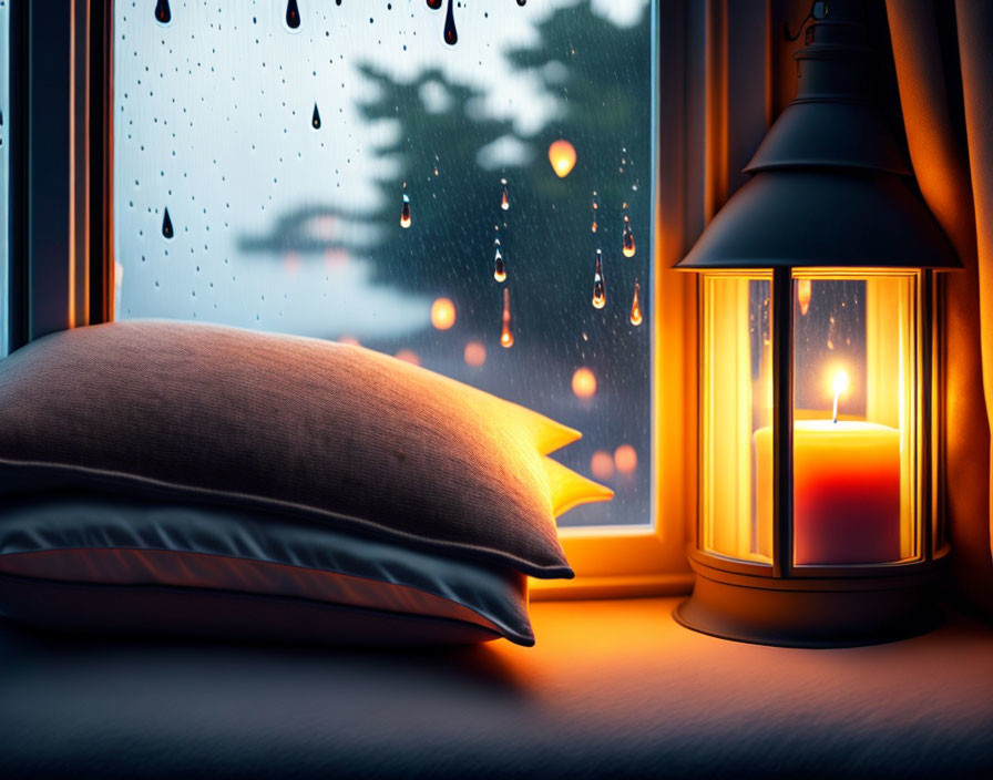 Tranquil window sill setting with glowing lantern, raindrops, and trees