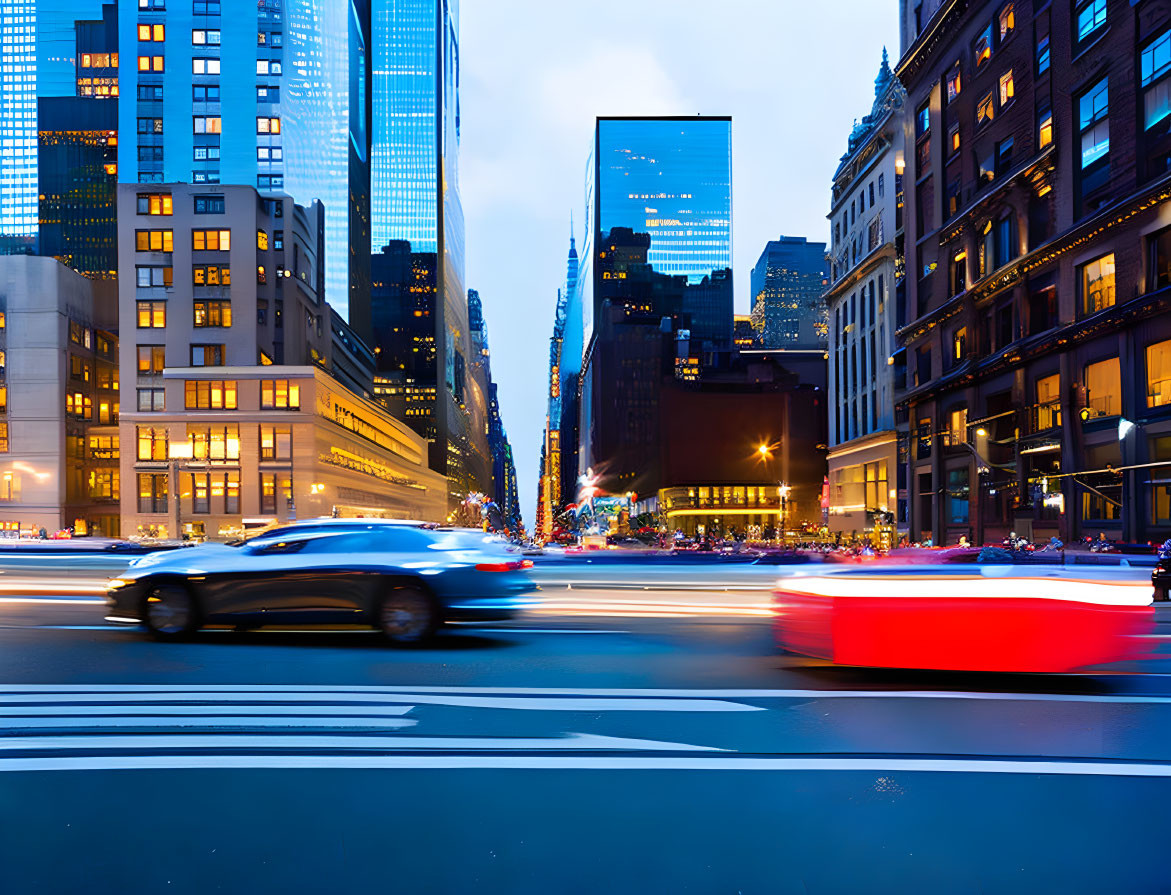 Blurred motion of cars on illuminated city street at dusk