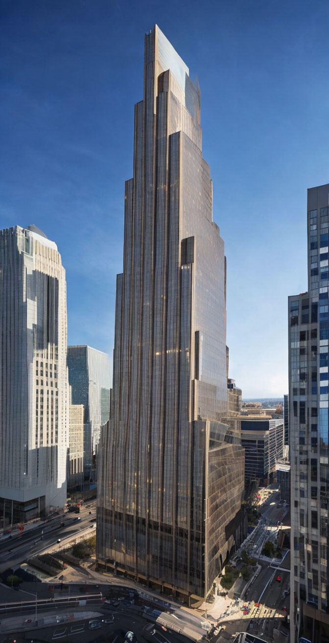 Modern skyscraper with reflective glass facade in a cityscape.