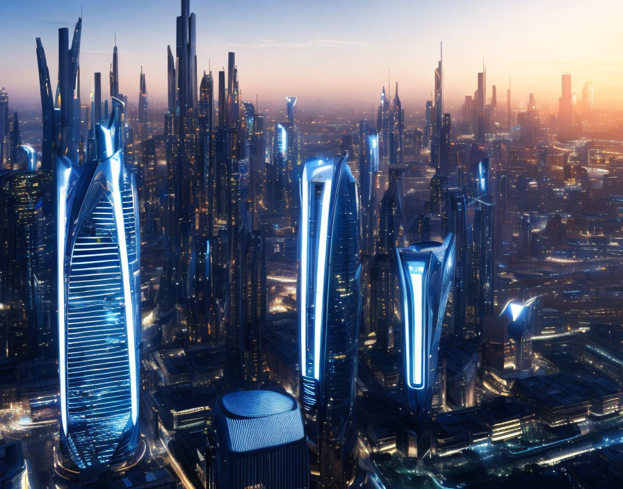 Futuristic cityscape with illuminated skyscrapers and roads at dusk