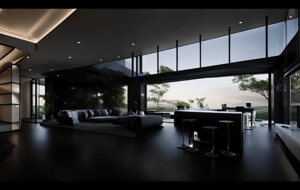 Spacious living room with mountain view, dark tones, minimalist furniture, soft lighting