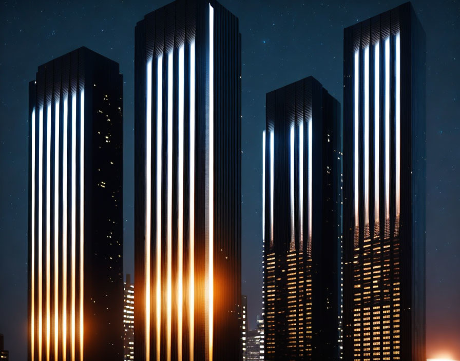 Night Skyline: Four Illuminated Skyscrapers in Vertical Glow