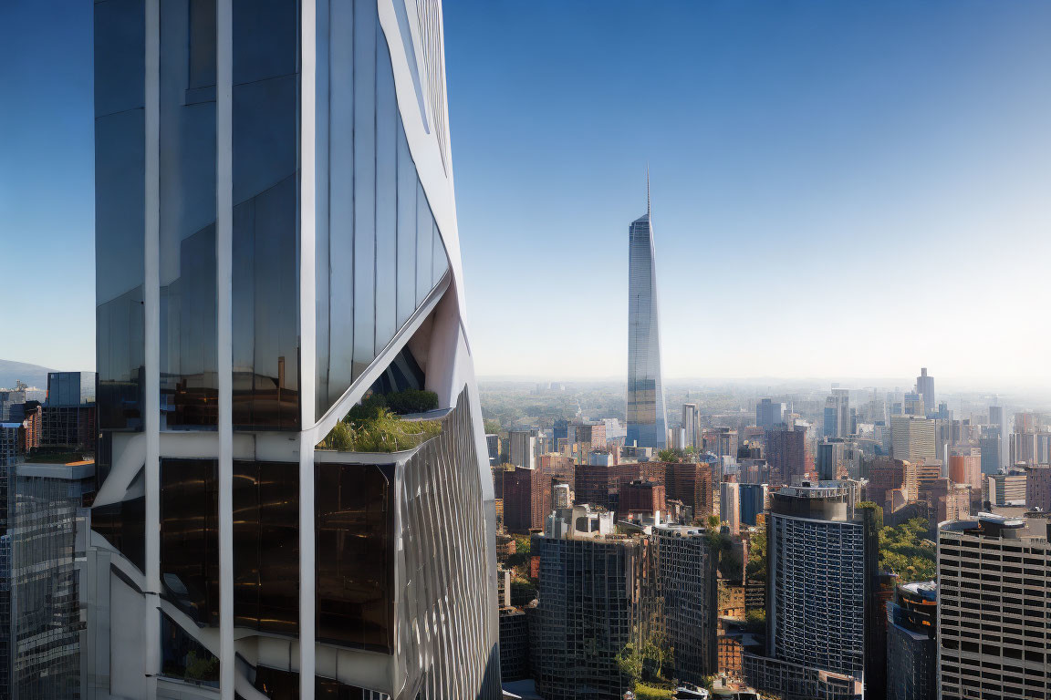 Modern high-rise buildings with reflective glass facades in urban cityscape.