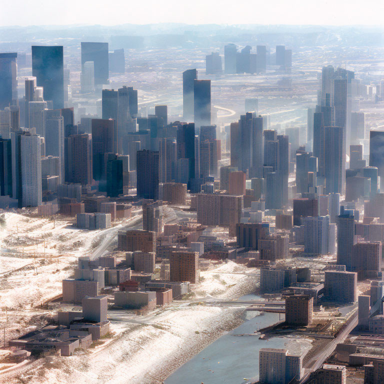 Snowy cityscape with skyscrapers, roads, and river under haze